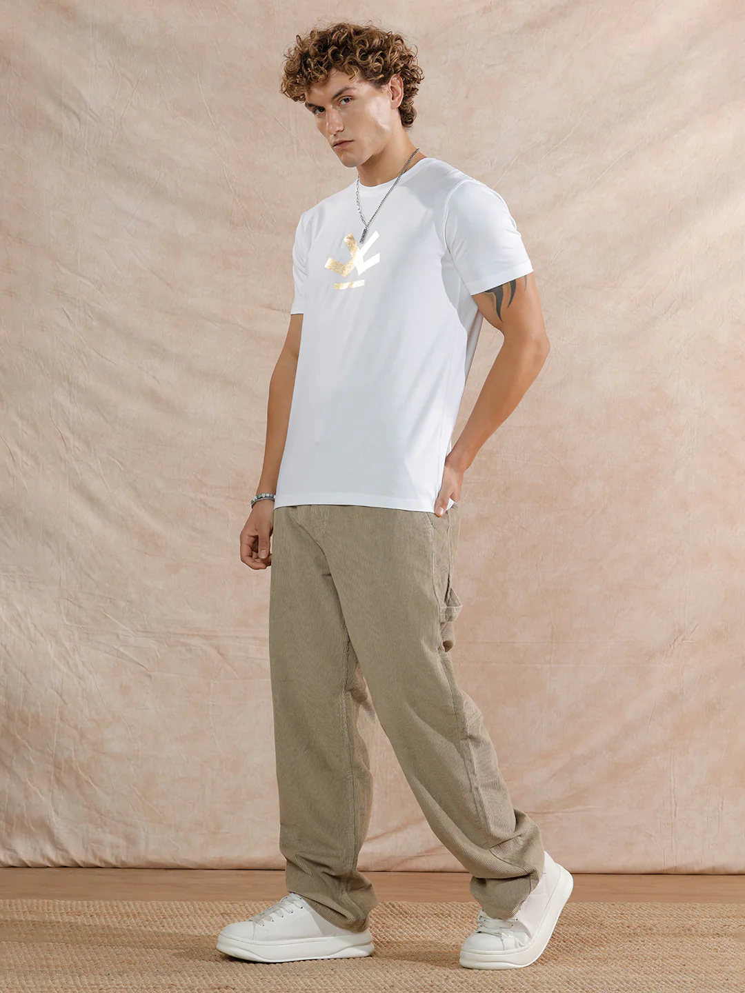 Gold Foil Print Slim Fit T-Shirt | White - Image 2