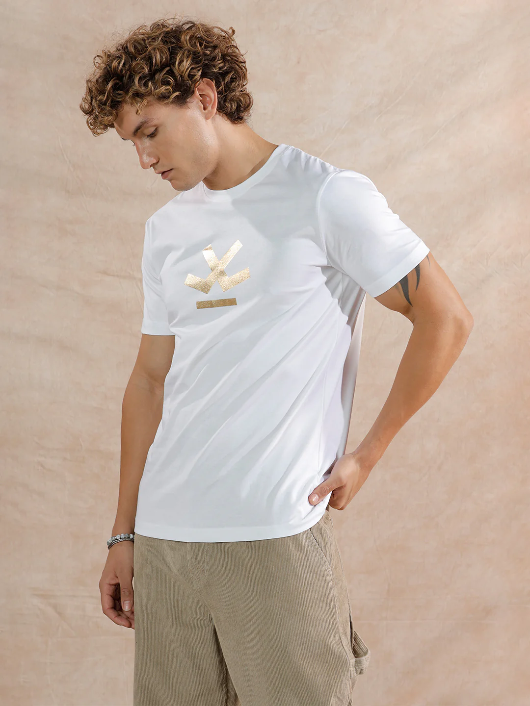 Gold Foil Print Slim Fit T-Shirt | White - Image 4