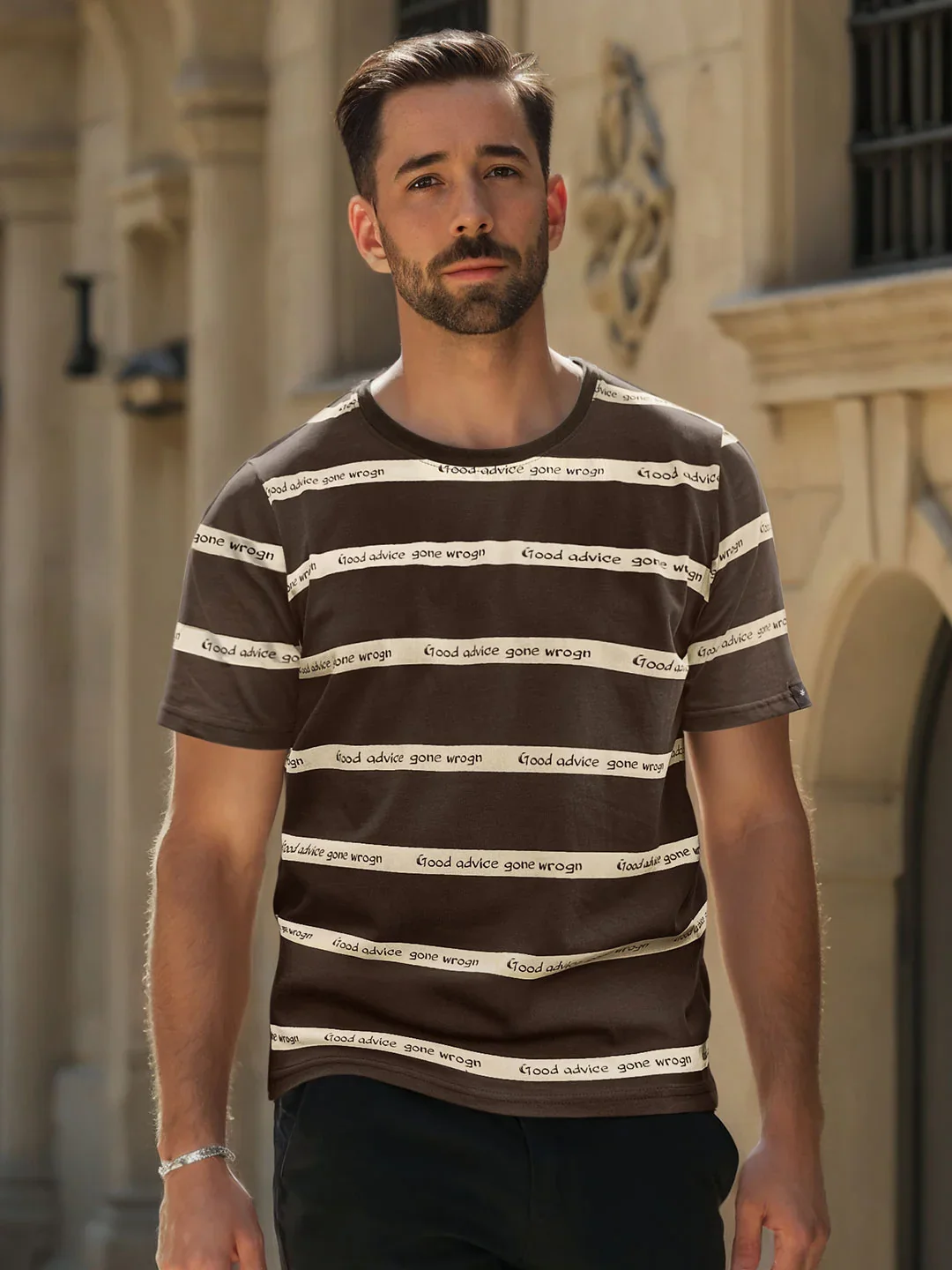 Printed Stripes Casual T-Shirt | Brown - Image 2