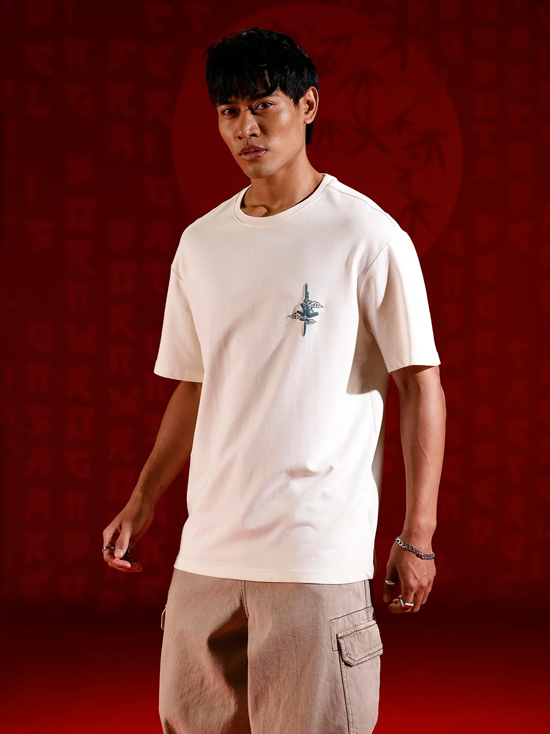 Puff print chest motif oversized tshirt | Off white - Image 5