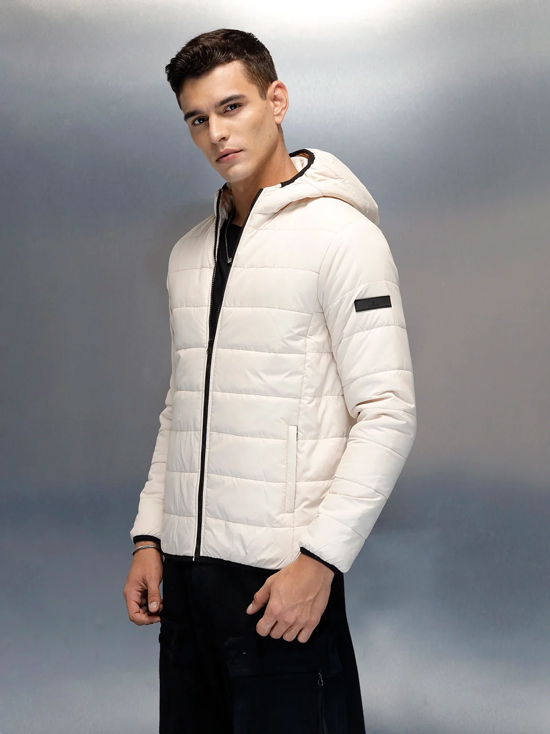 Puffered Men's Casual Slim Fit Hooded Jacket | Beige - Image 4
