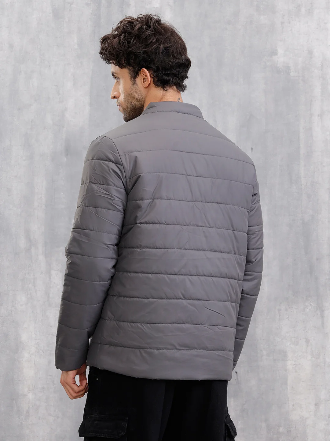 Quilted High Neck Regular Fit Jacket I Grey - Image 3