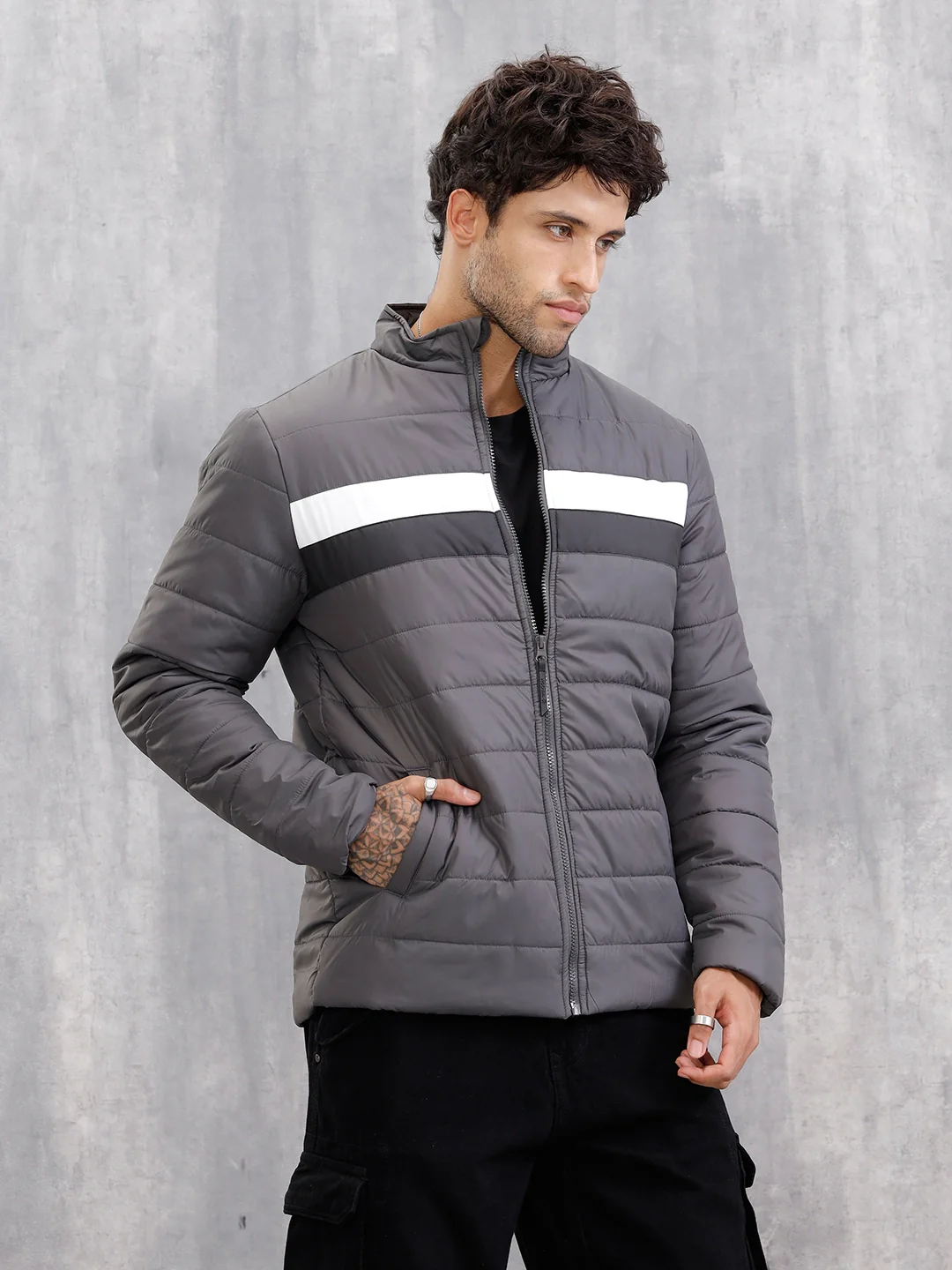 Quilted High Neck Regular Fit Jacket I Grey - Image 4