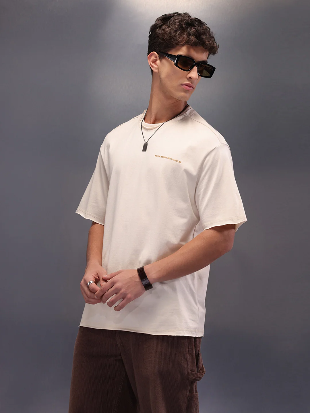Raw Edge Printed T-Shirt | Beige - Image 4