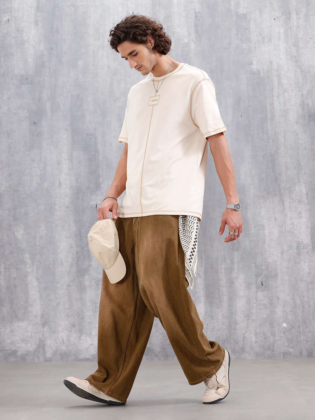 Raw Edge & Stitch Detail Oversized Fit T-Shirt | Beige - Image 2