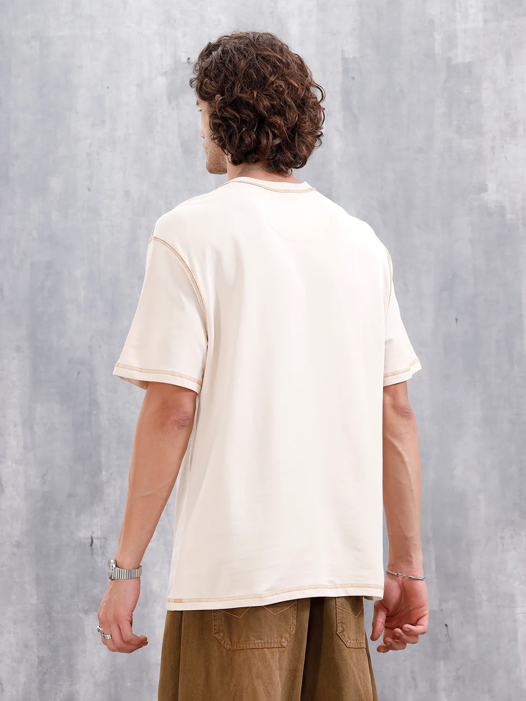 Raw Edge & Stitch Detail Oversized Fit T-Shirt | Beige - Image 3