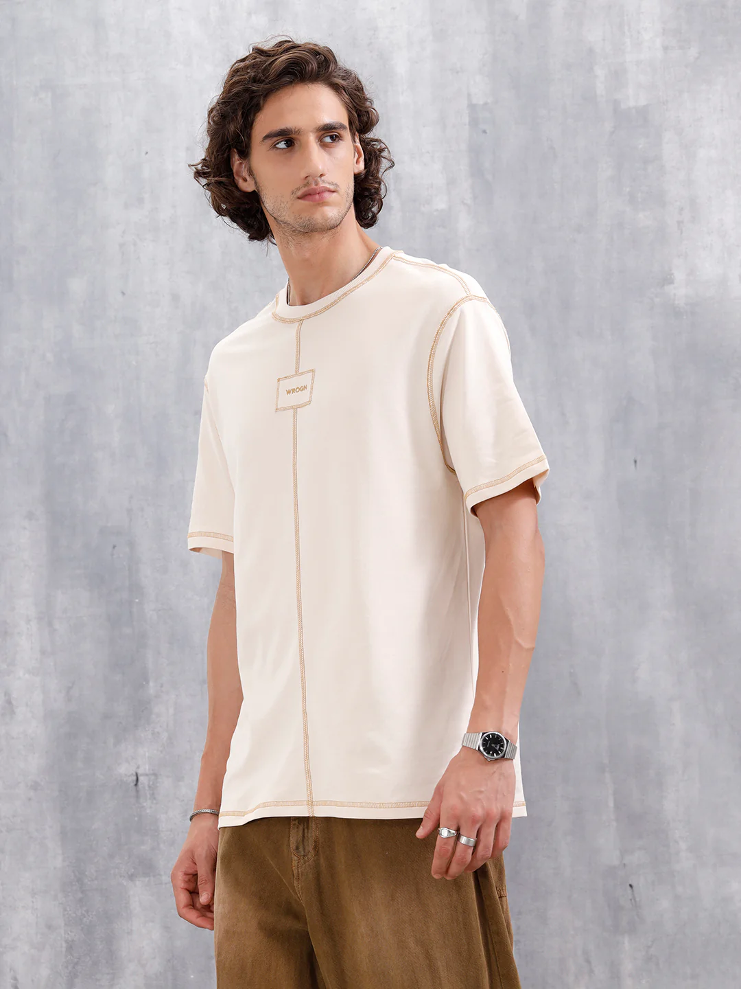 Raw Edge & Stitch Detail Oversized Fit T-Shirt | Beige - Image 4