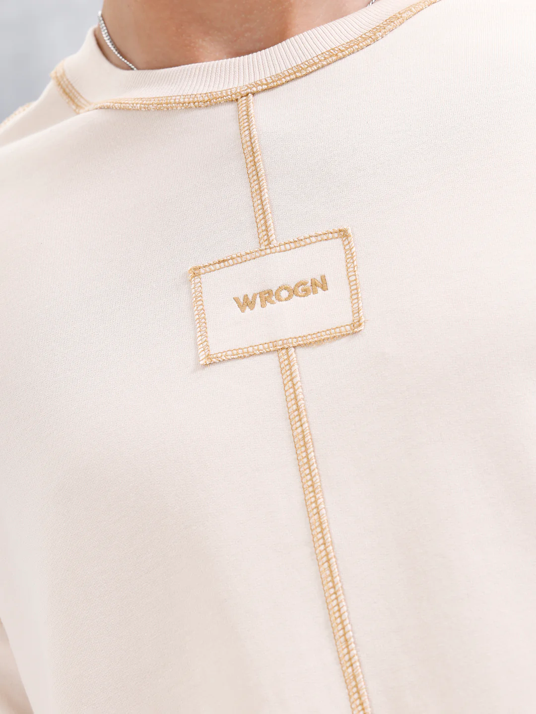 Raw Edge & Stitch Detail Oversized Fit T-Shirt | Beige - Image 5