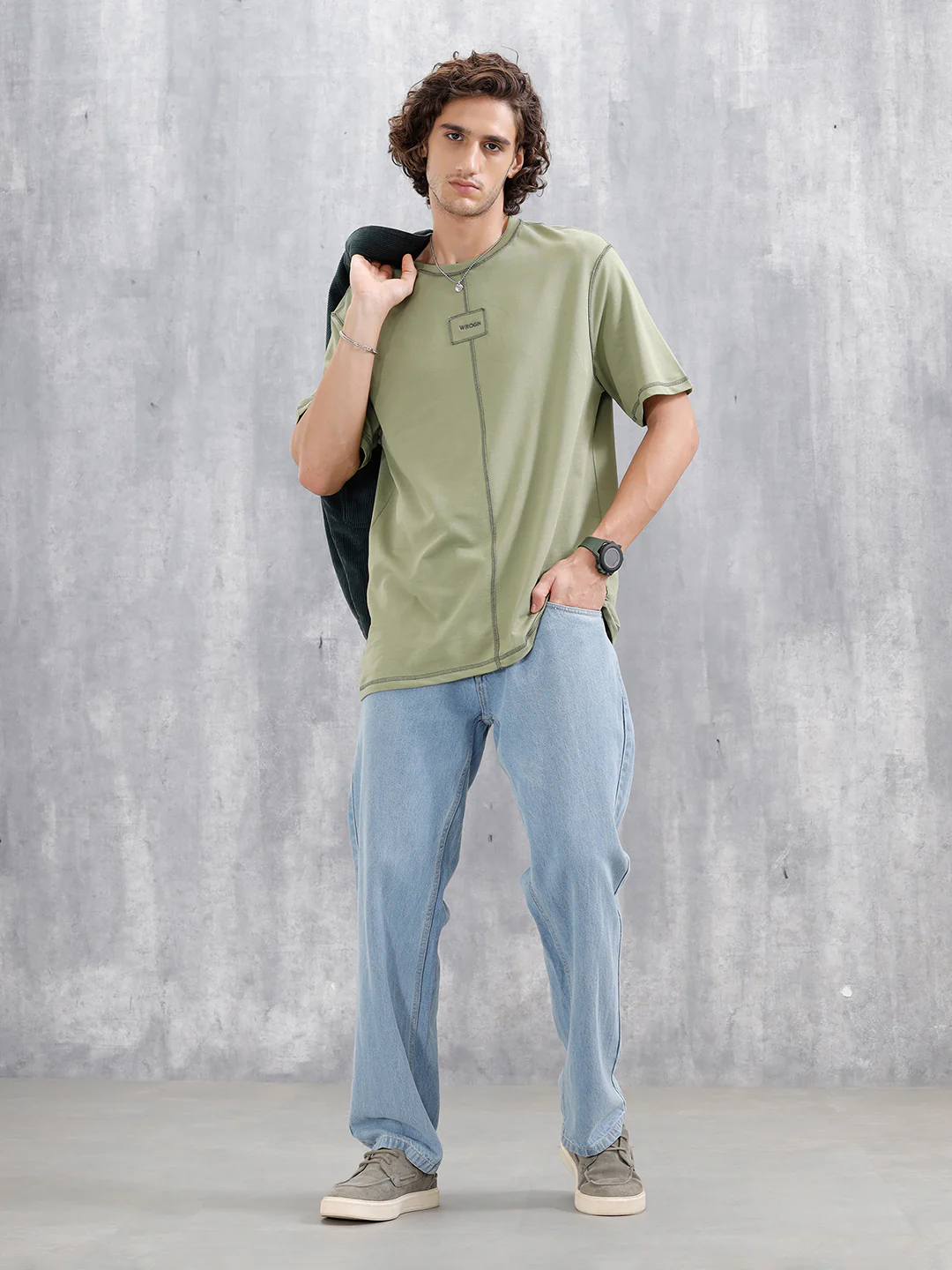 Raw Edge & Stitch Detail Oversized Fit T-Shirt | Green - Image 2