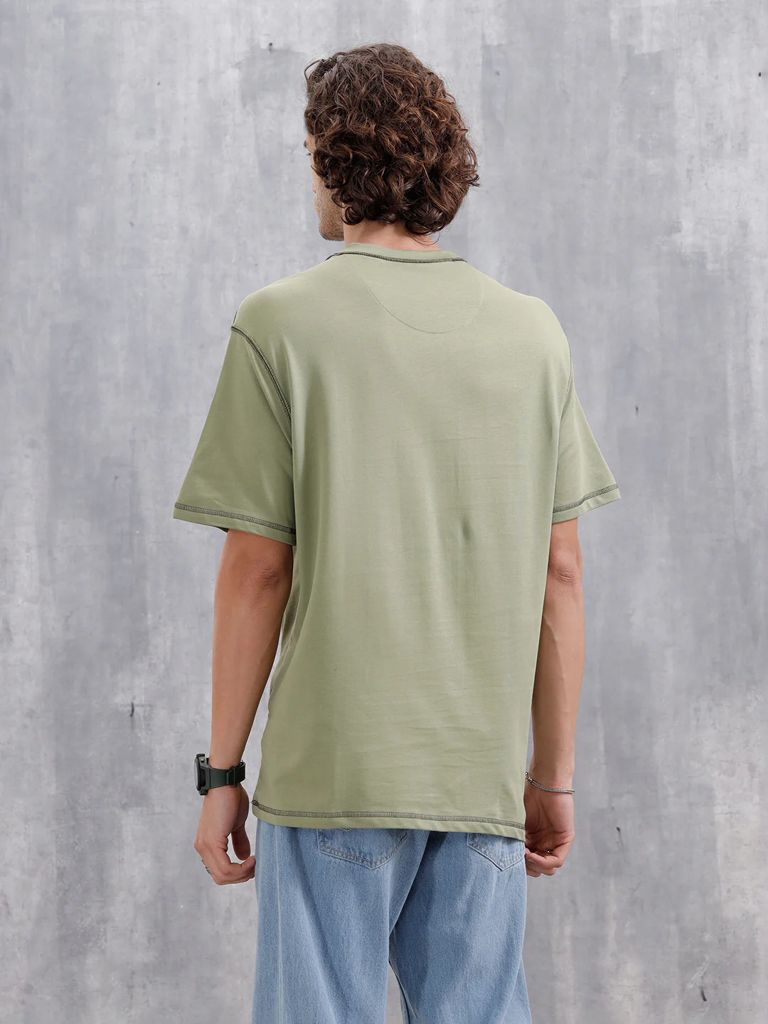 Raw Edge & Stitch Detail Oversized Fit T-Shirt | Green - Image 3