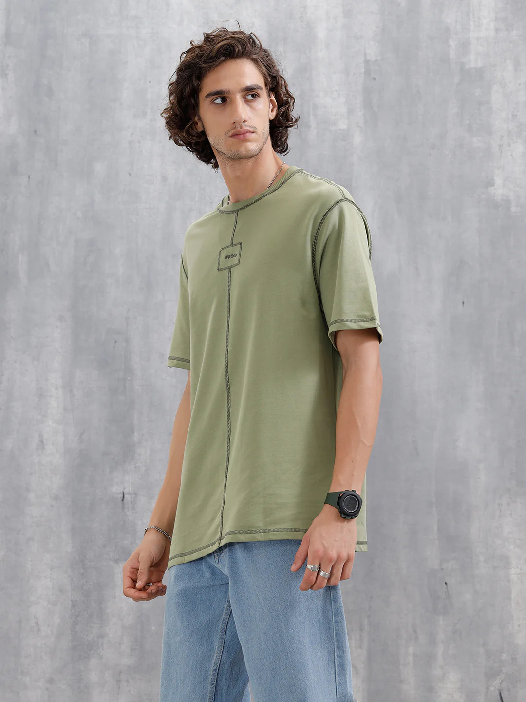 Raw Edge & Stitch Detail Oversized Fit T-Shirt | Green - Image 4