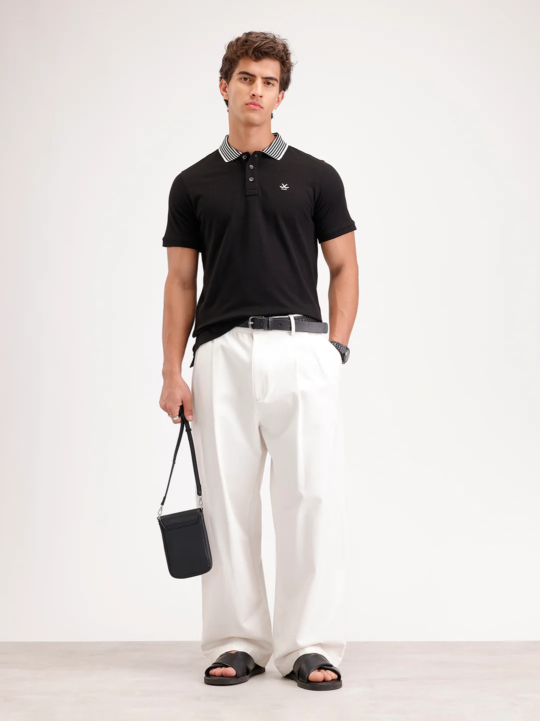Regular Fit Contrast Collar Polo T-Shirt  | Black - Image 2