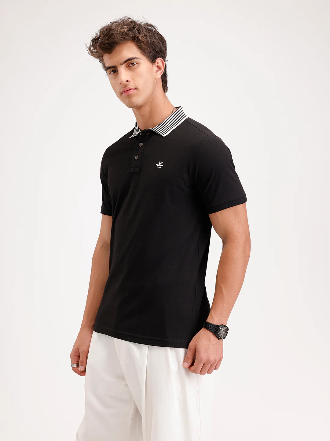 Regular Fit Contrast Collar Polo T-Shirt  | Black - Image 4