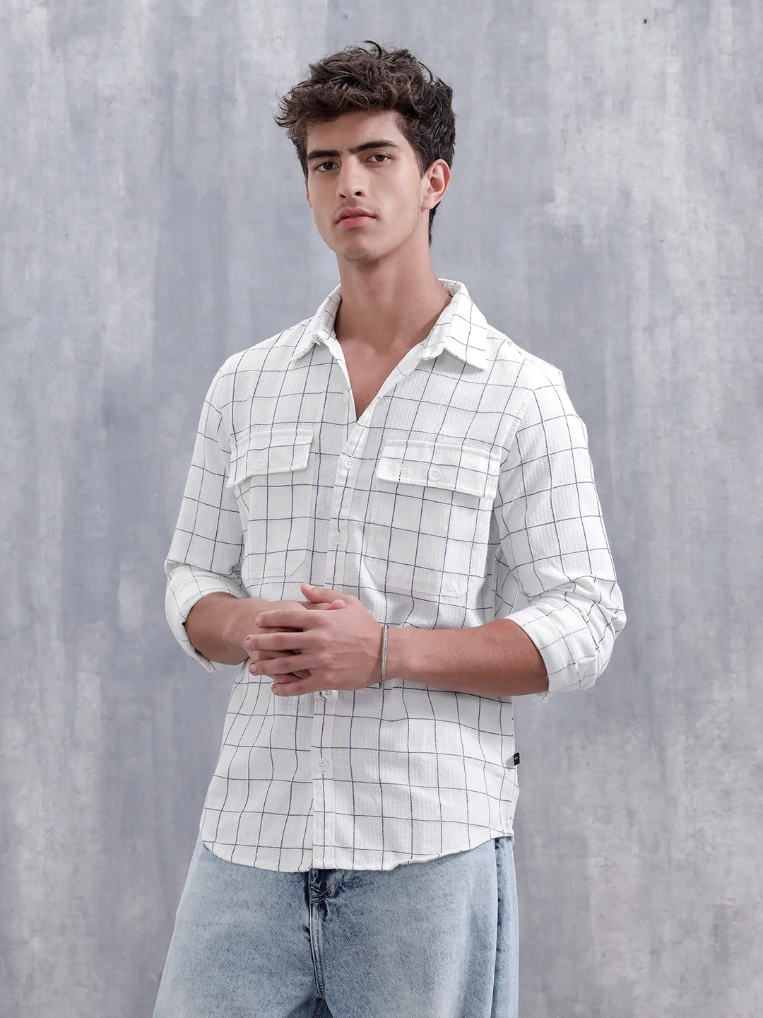 Regular Fit Double Pocket Checkered Shirt | White - Image 4