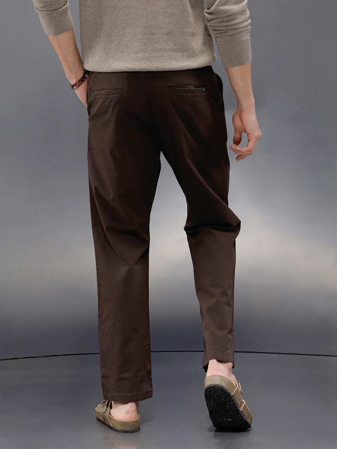 Regular Fit Solid Trousers In Premium Fabric | Dark Brown - Image 4