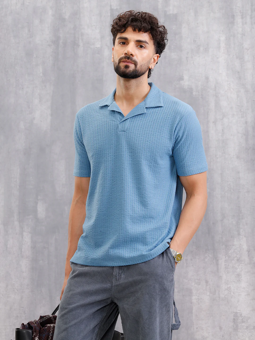 Resort Collar Textured Seersucker Fabric Polo T-Shirt | Blue - Image 3