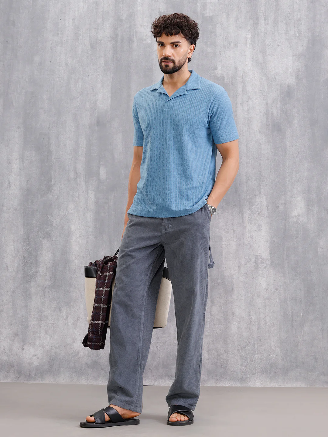 Resort Collar Textured Seersucker Fabric Polo T-Shirt | Blue - Image 4