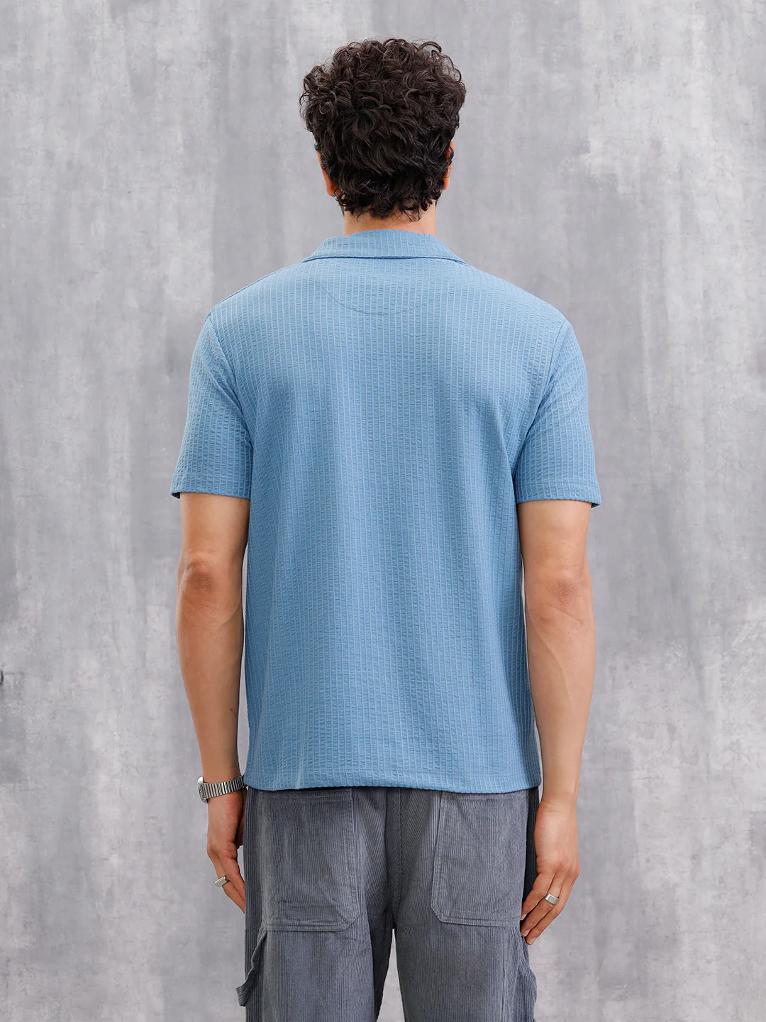 Resort Collar Textured Seersucker Fabric Polo T-Shirt | Blue - Image 5