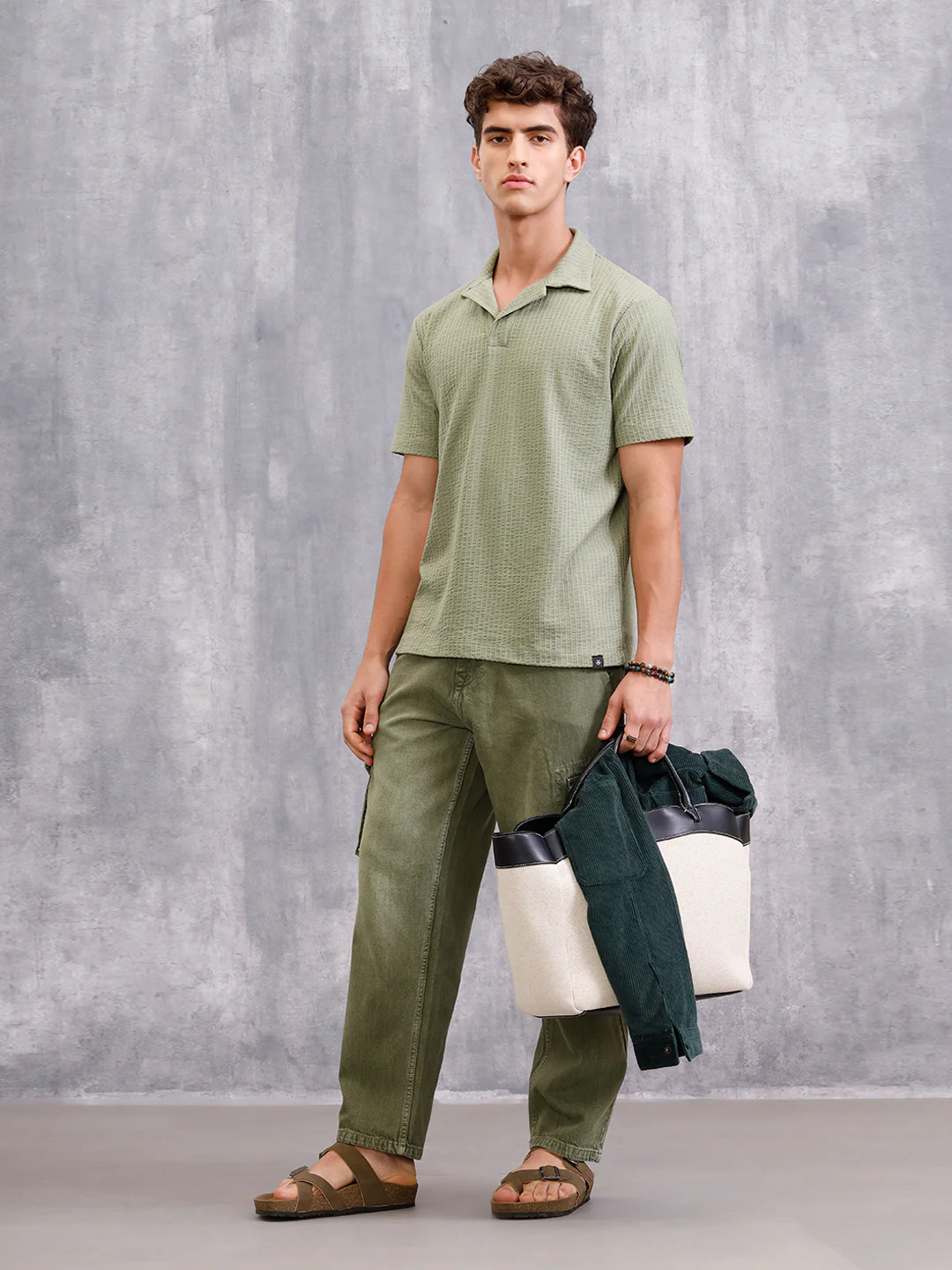 Resort Collar Textured Seersucker Fabric Polo T-Shirt | Green - Image 2