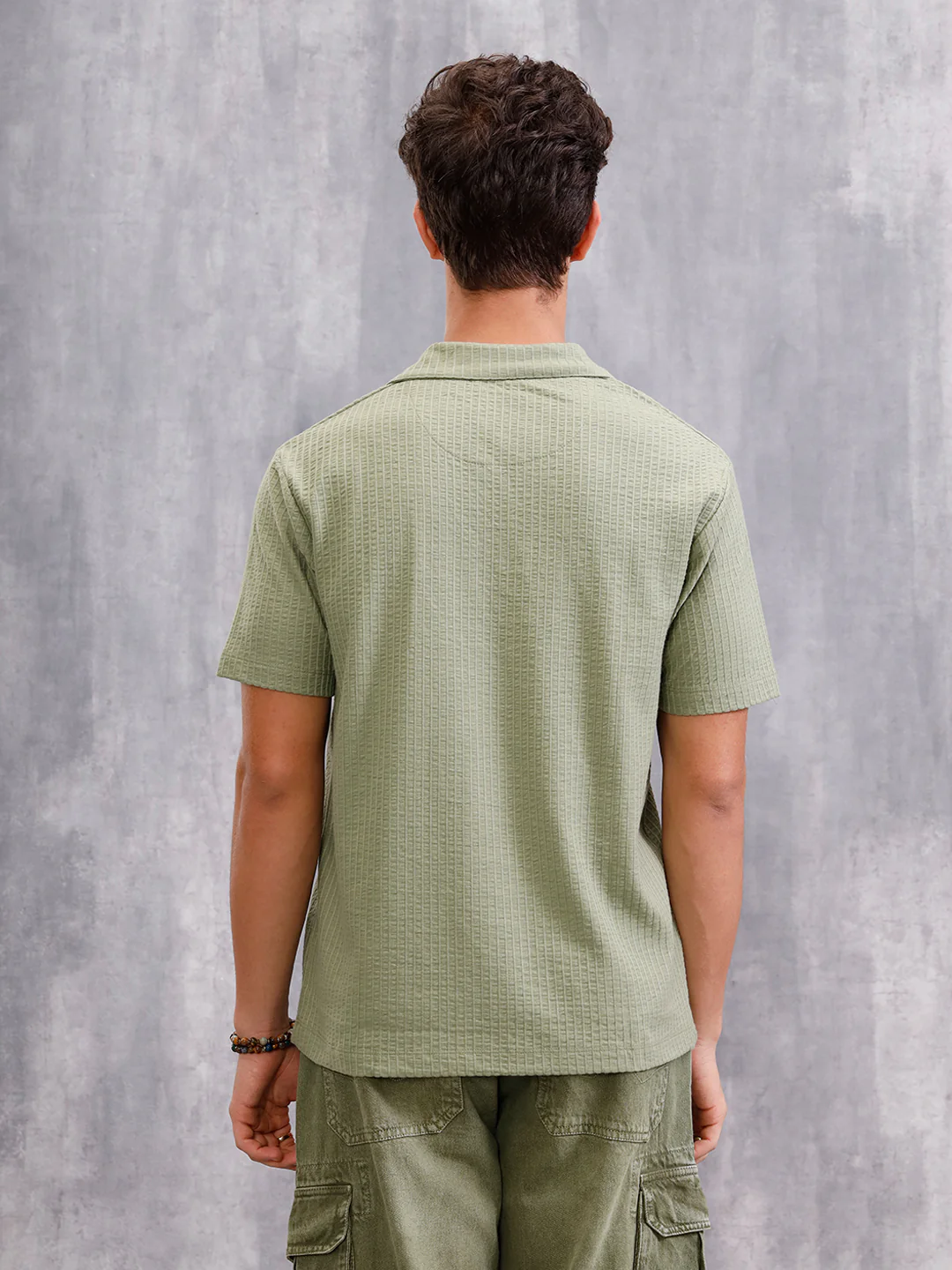 Resort Collar Textured Seersucker Fabric Polo T-Shirt | Green - Image 3