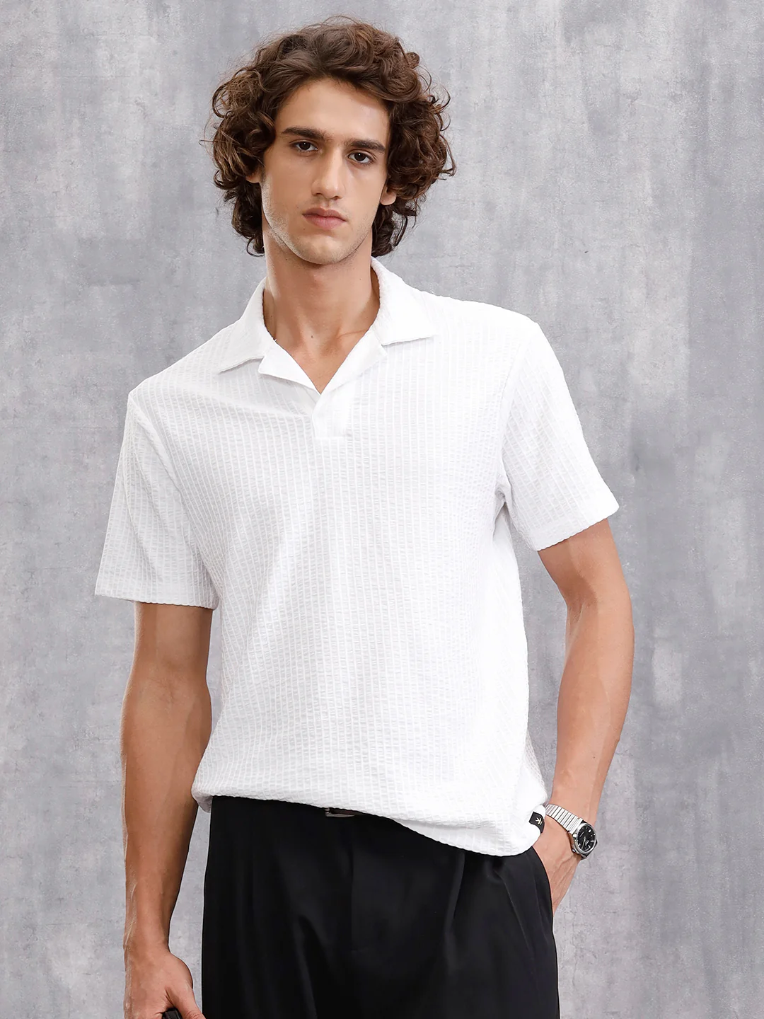 Resort Collar Textured Seersucker Fabric Polo T-Shirt  | Off White - Image 4