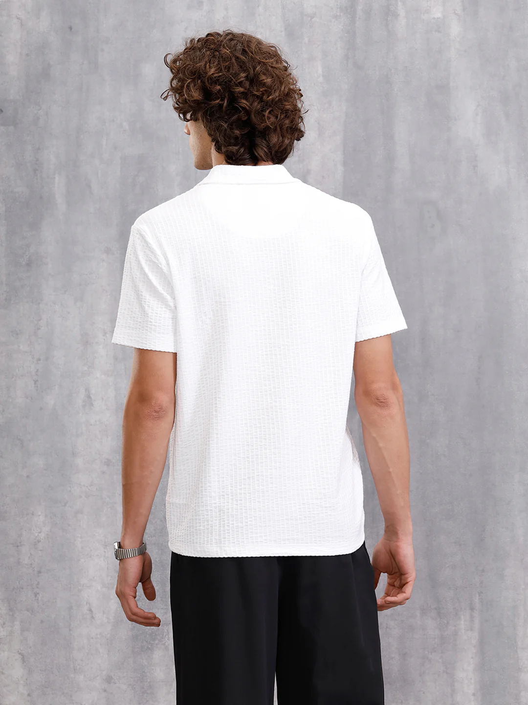 Resort Collar Textured Seersucker Fabric Polo T-Shirt  | Off White - Image 6