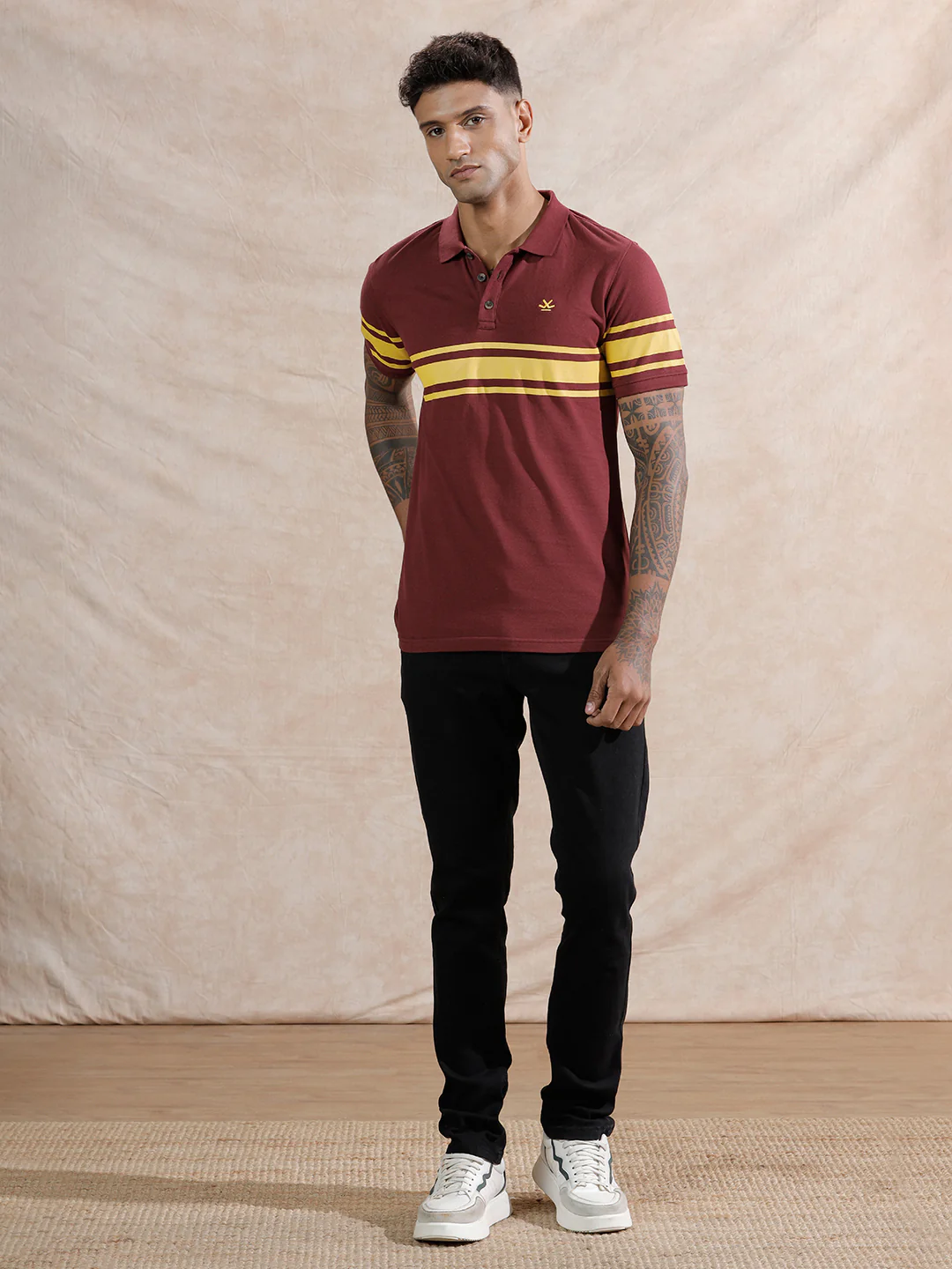 Retro Colour Blocked Polo T-Shirt | Maroon - Image 2