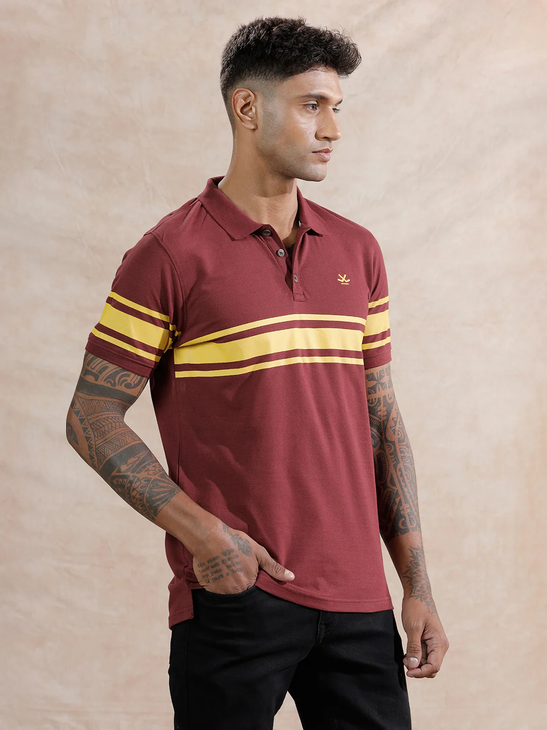 Retro Colour Blocked Polo T-Shirt | Maroon - Image 4
