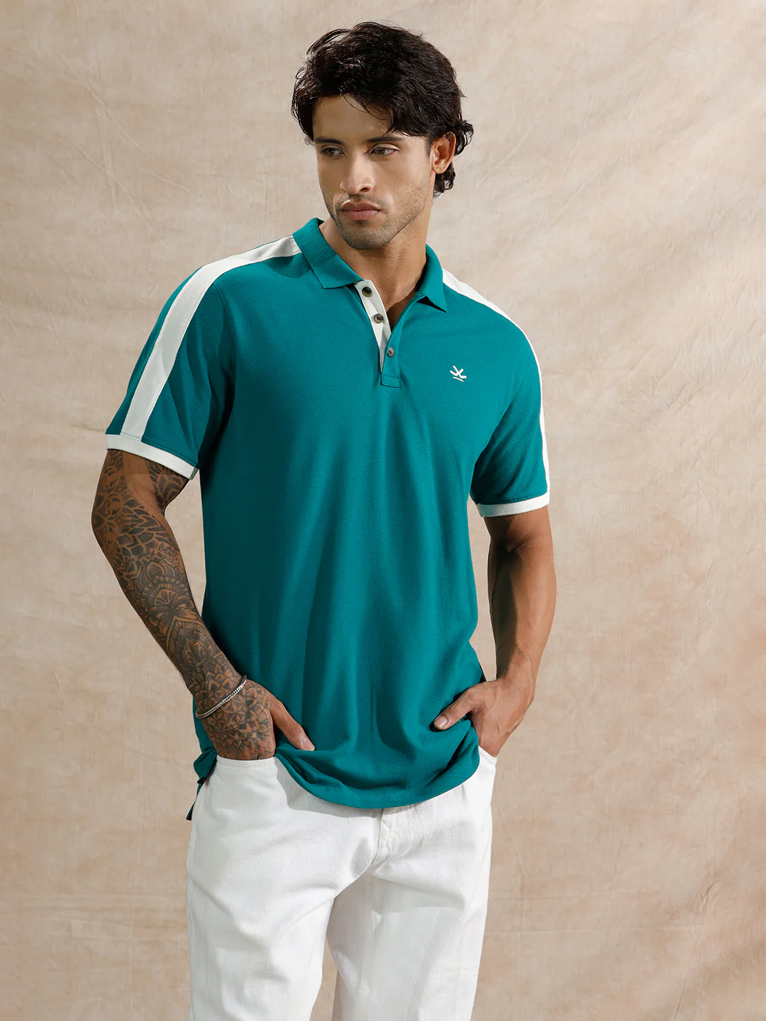 Retro Colour Blocked Polo T-Shirt | Teal - Image 4