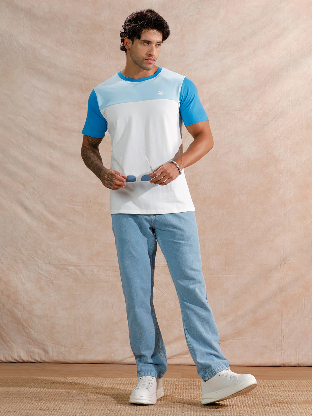 Retro Colour Blocked Slim Fit T-Shirt | Blue - Image 2