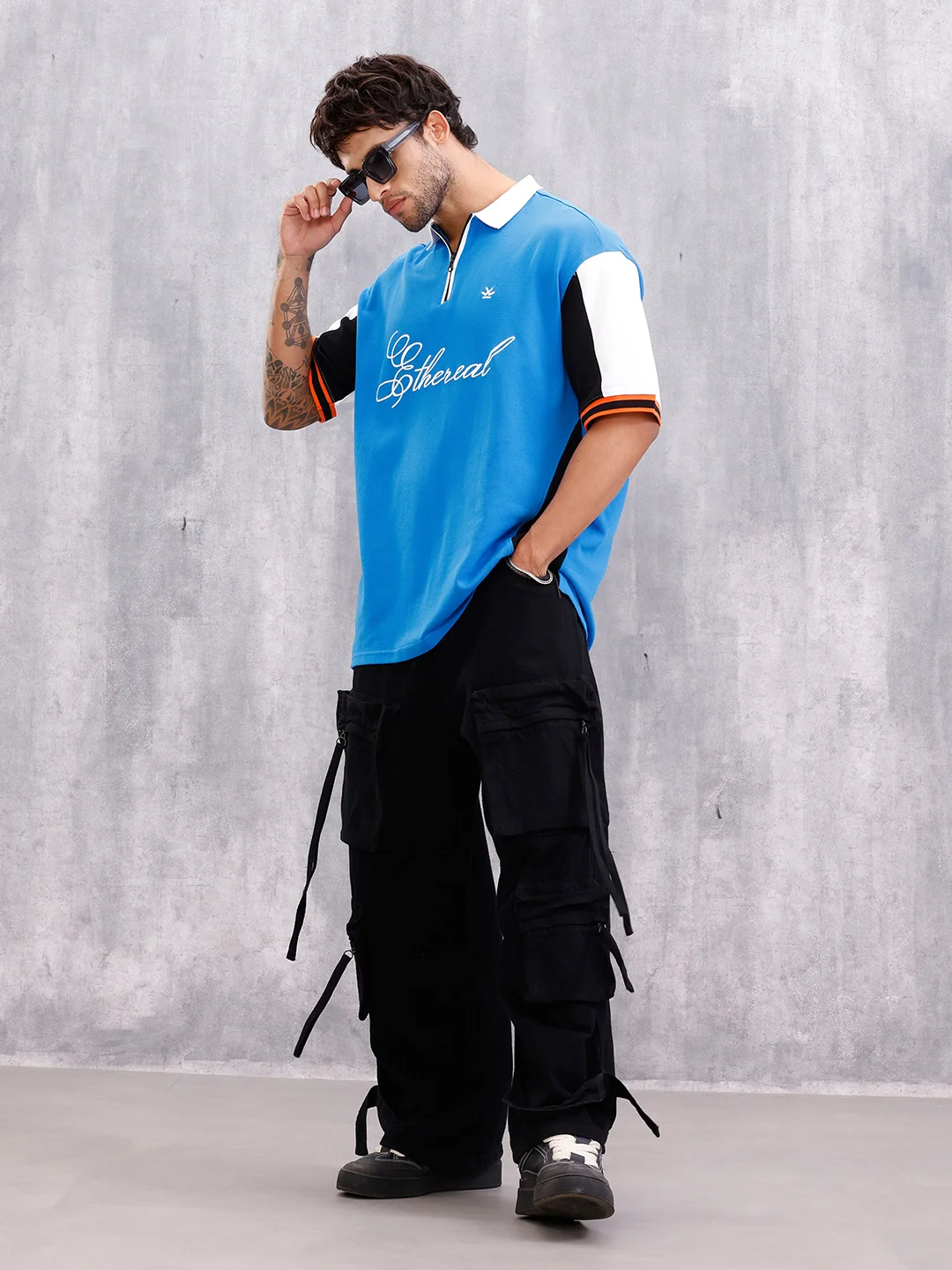 Retro Inspired Color Block Front Zip Polo I Blue - Image 2