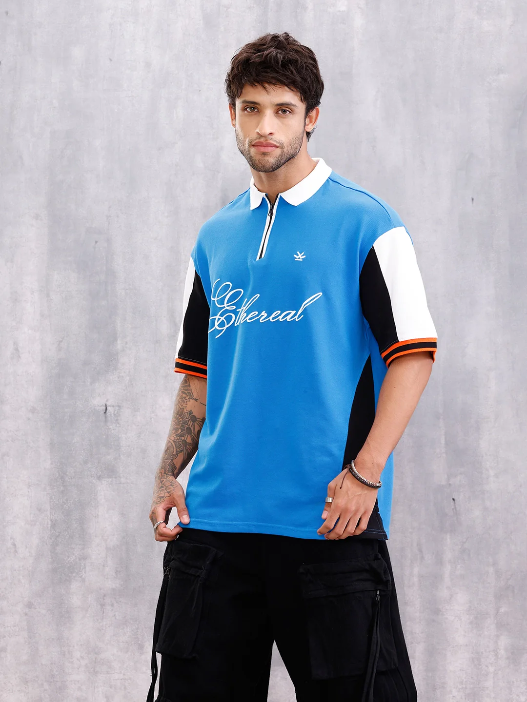 Retro Inspired Color Block Front Zip Polo I Blue - Image 4