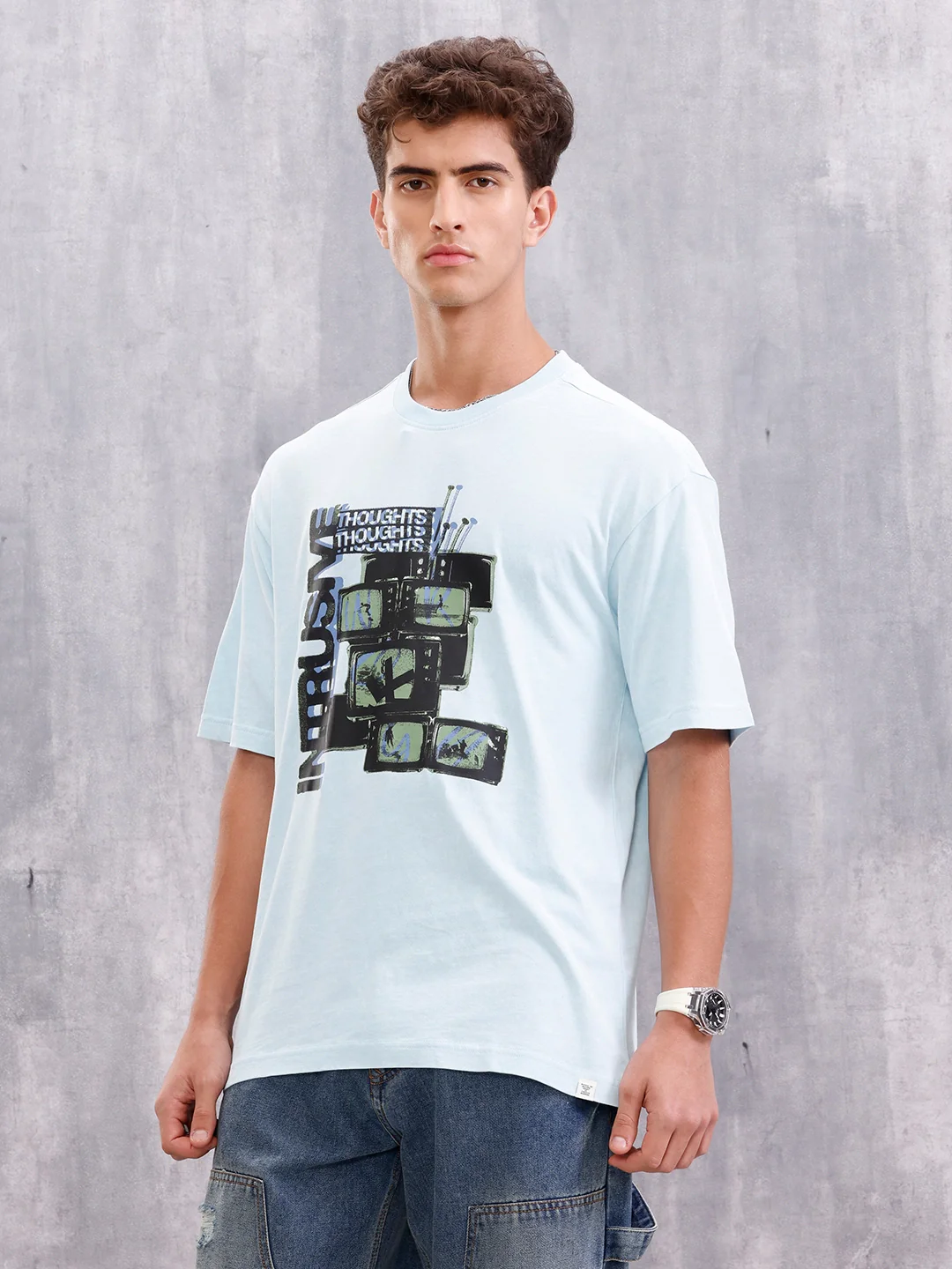 Retro Tv Graphic Printed Oversized Fit Tshirt | Light Blue - Image 4