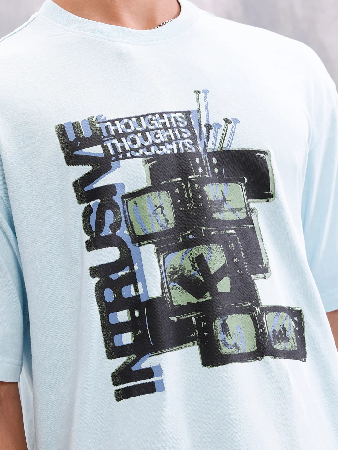 Retro Tv Graphic Printed Oversized Fit Tshirt | Light Blue - Image 5