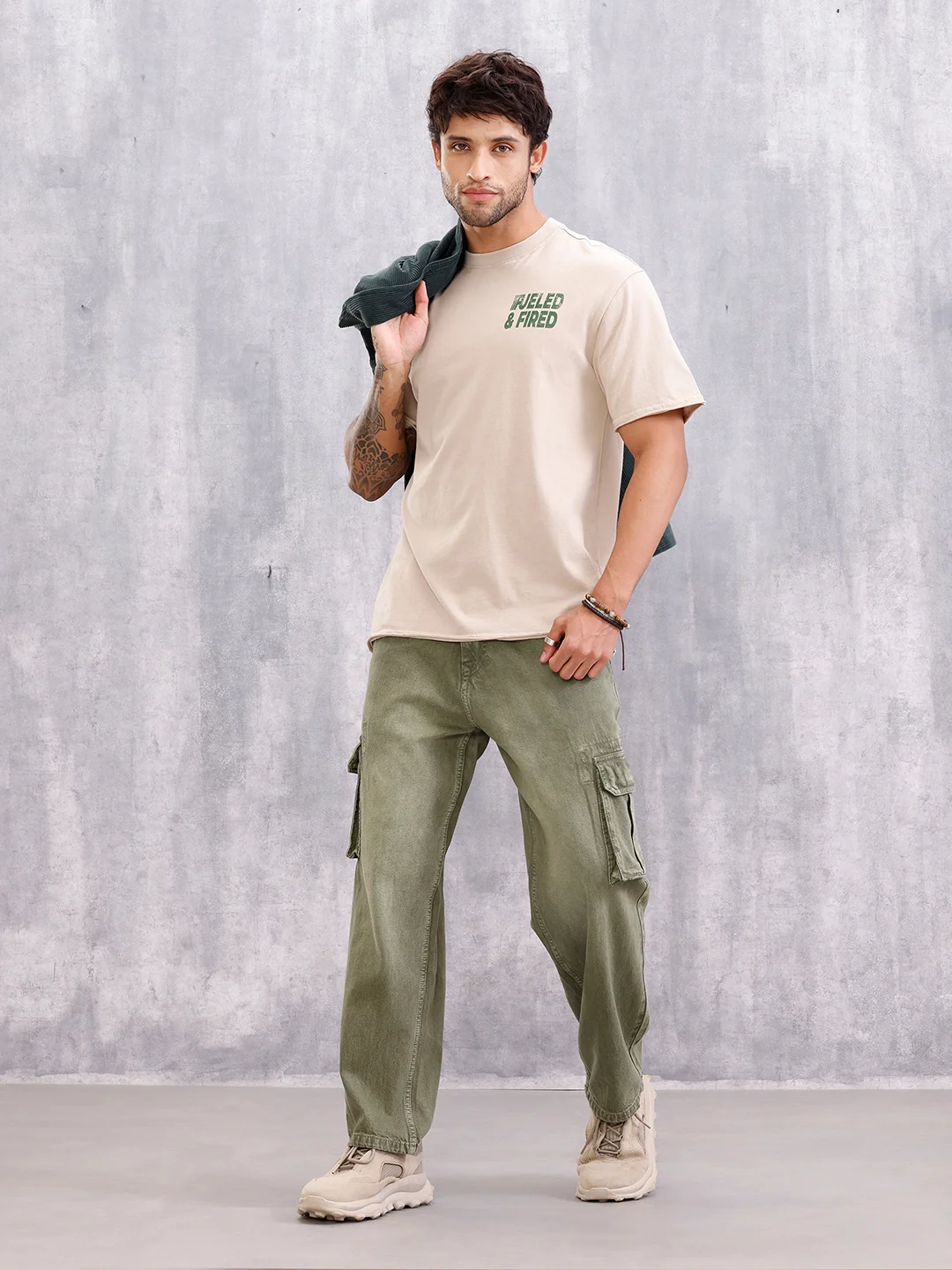 Retro Wash Graphic Printed Tshirt With Raw Edge Detail | Beige - Image 2