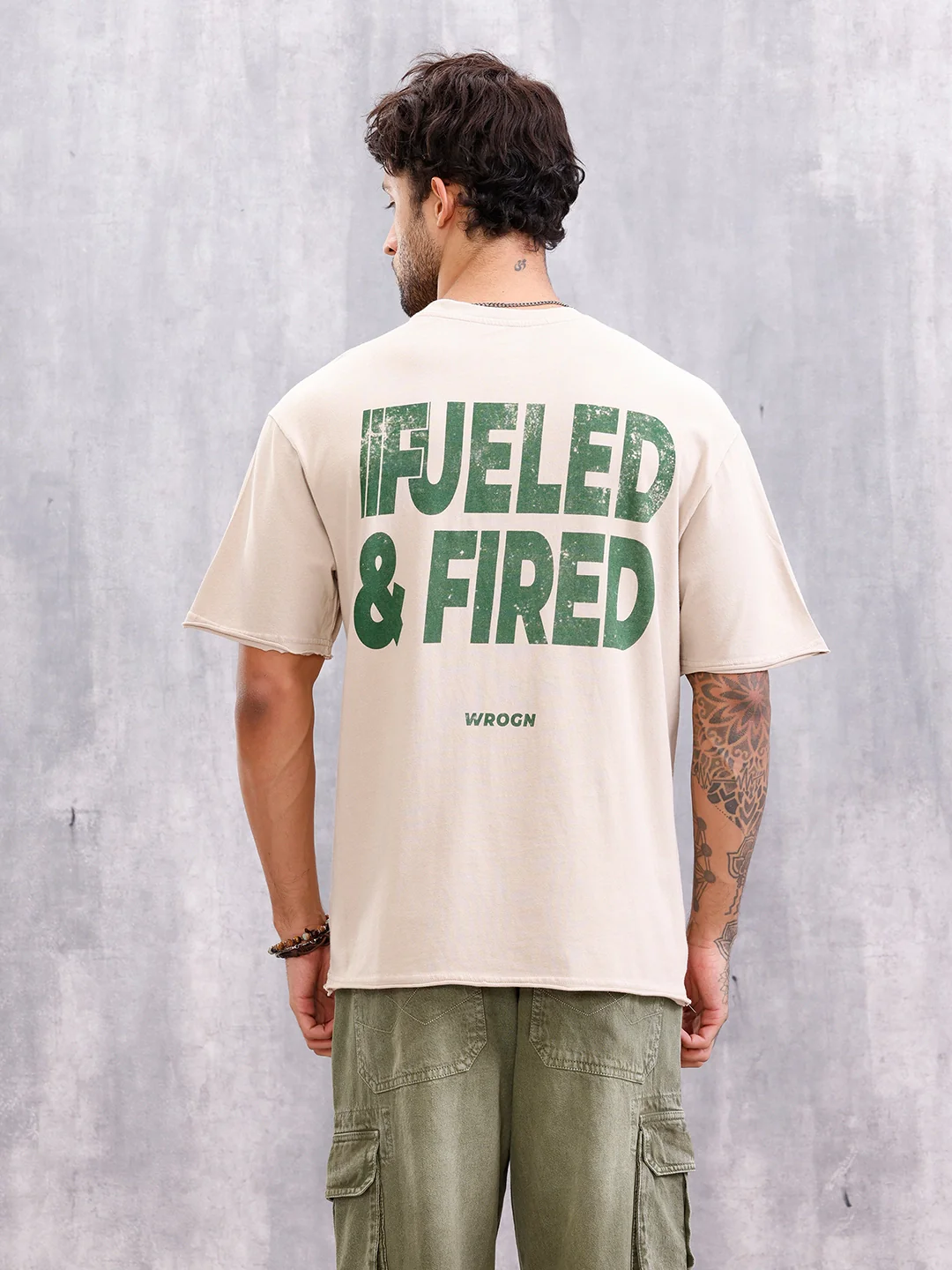 Retro Wash Graphic Printed Tshirt With Raw Edge Detail | Beige - Image 3