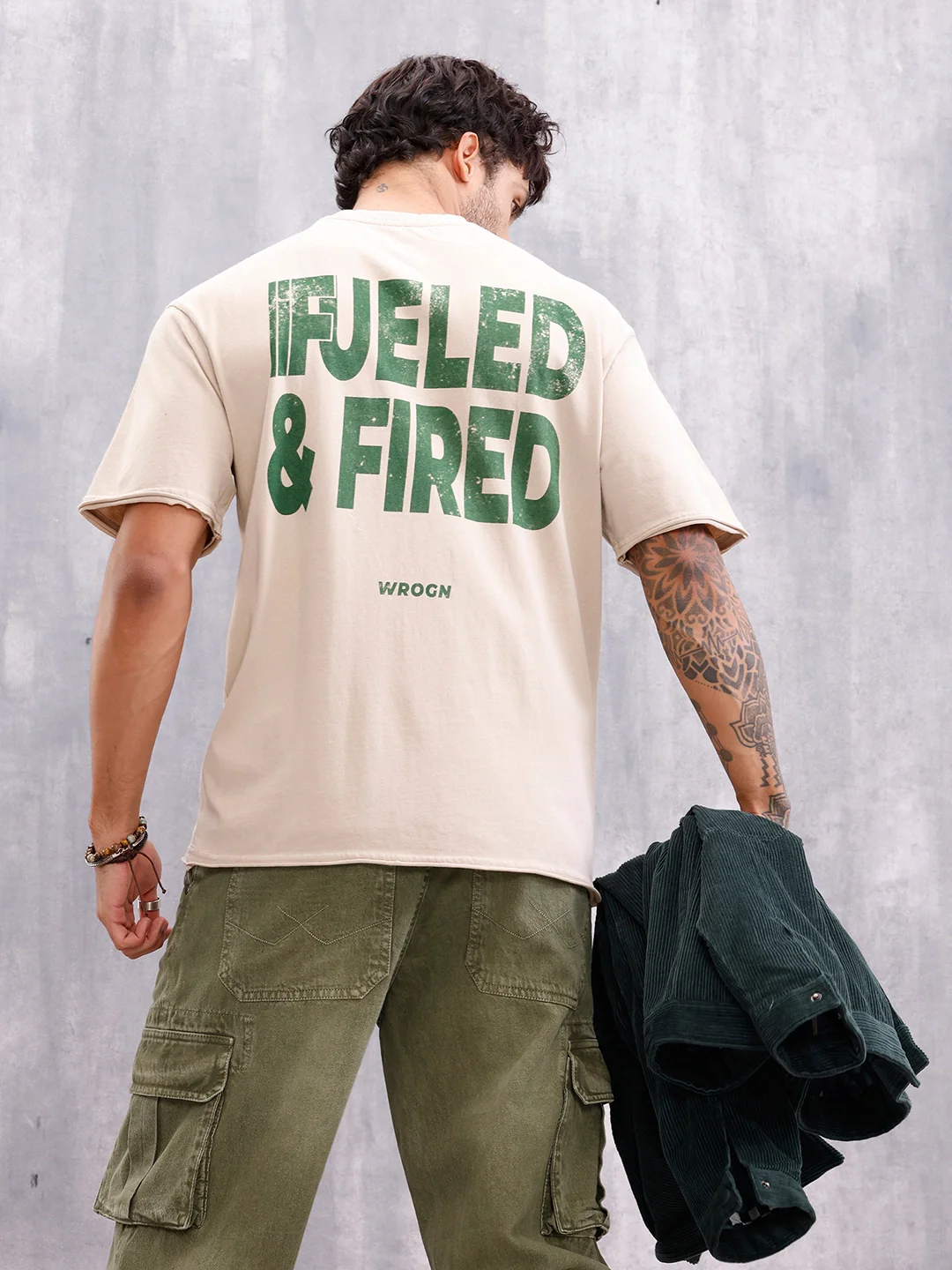Retro Wash Graphic Printed Tshirt With Raw Edge Detail | Beige - Image 4