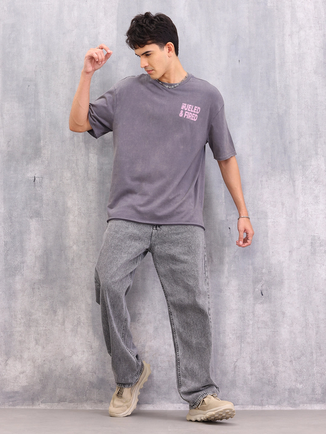 Retro Washed Oversized Fit Raw Edge T-shirt With Graphic | Grey - Image 2