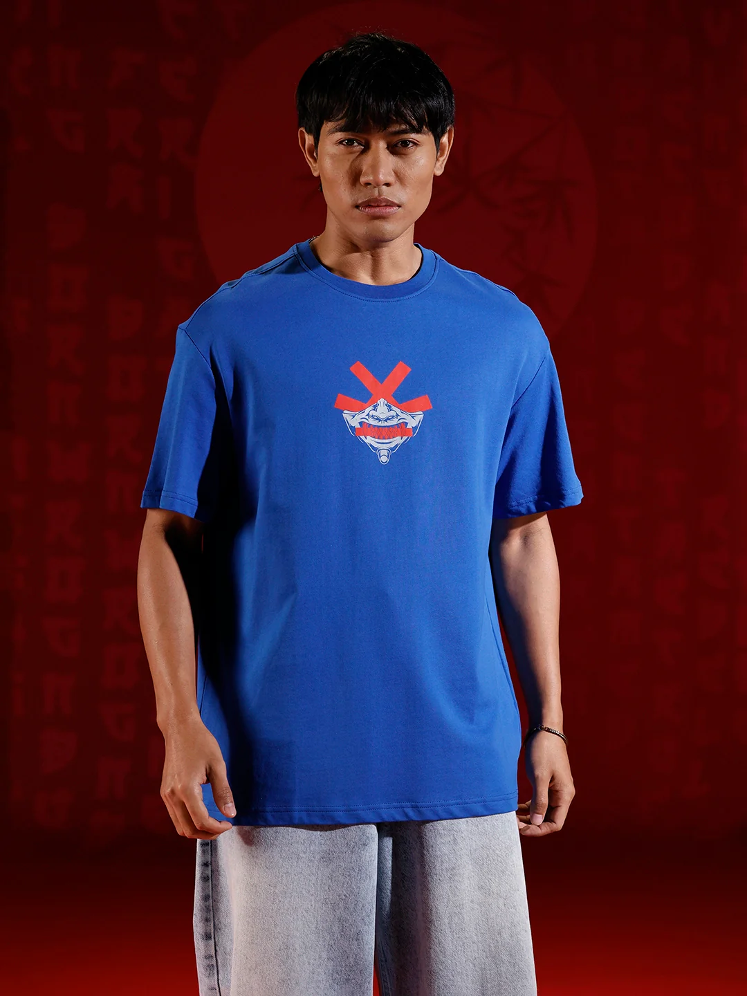 Samurai mask print oversized tshirt | Blue - Image 3