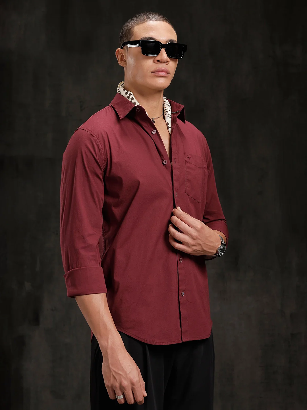 Seersucker Texture Slim Fit Shirt | Maroon - Image 4