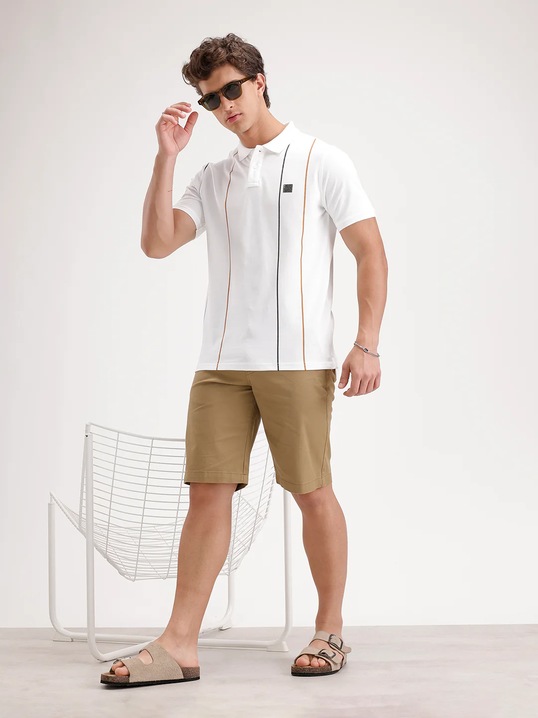 Siolid Slim Fit Pin Stripes Polo T-Shirt  | White - Image 2