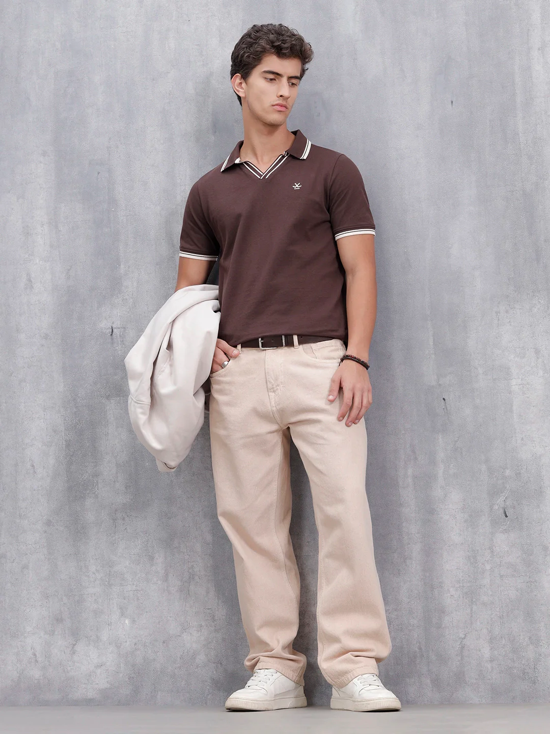 Slim Fit 100% Cotton Johnny Collar Polo With Contrast Tipping | Brown - Image 2