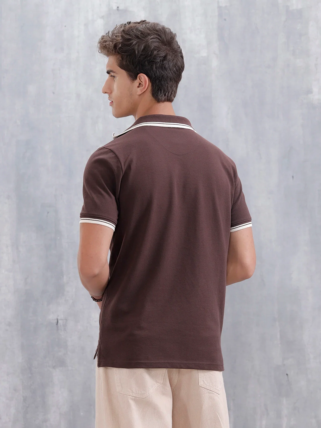 Slim Fit 100% Cotton Johnny Collar Polo With Contrast Tipping | Brown - Image 3