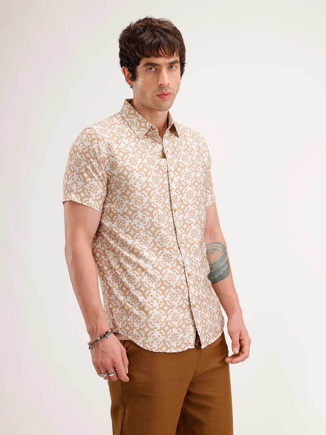 Slim Fit AOP Half Sleeve Shirt | Beige - Image 4