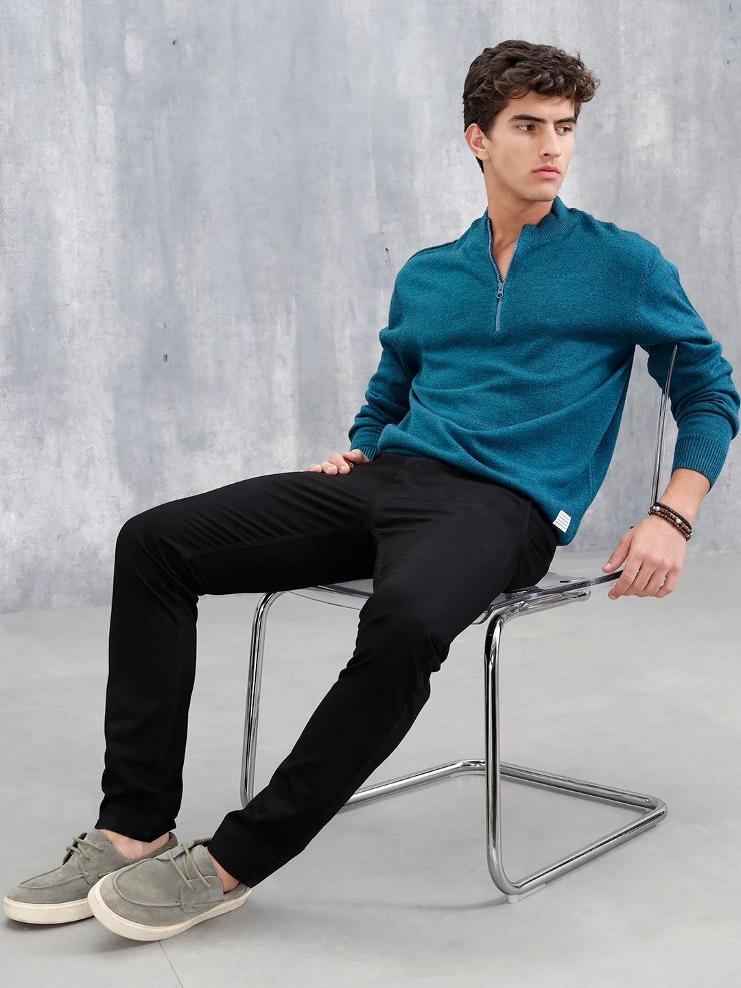Slim Fit Casual Pullover With Zipper Detail | Teal - Image 2