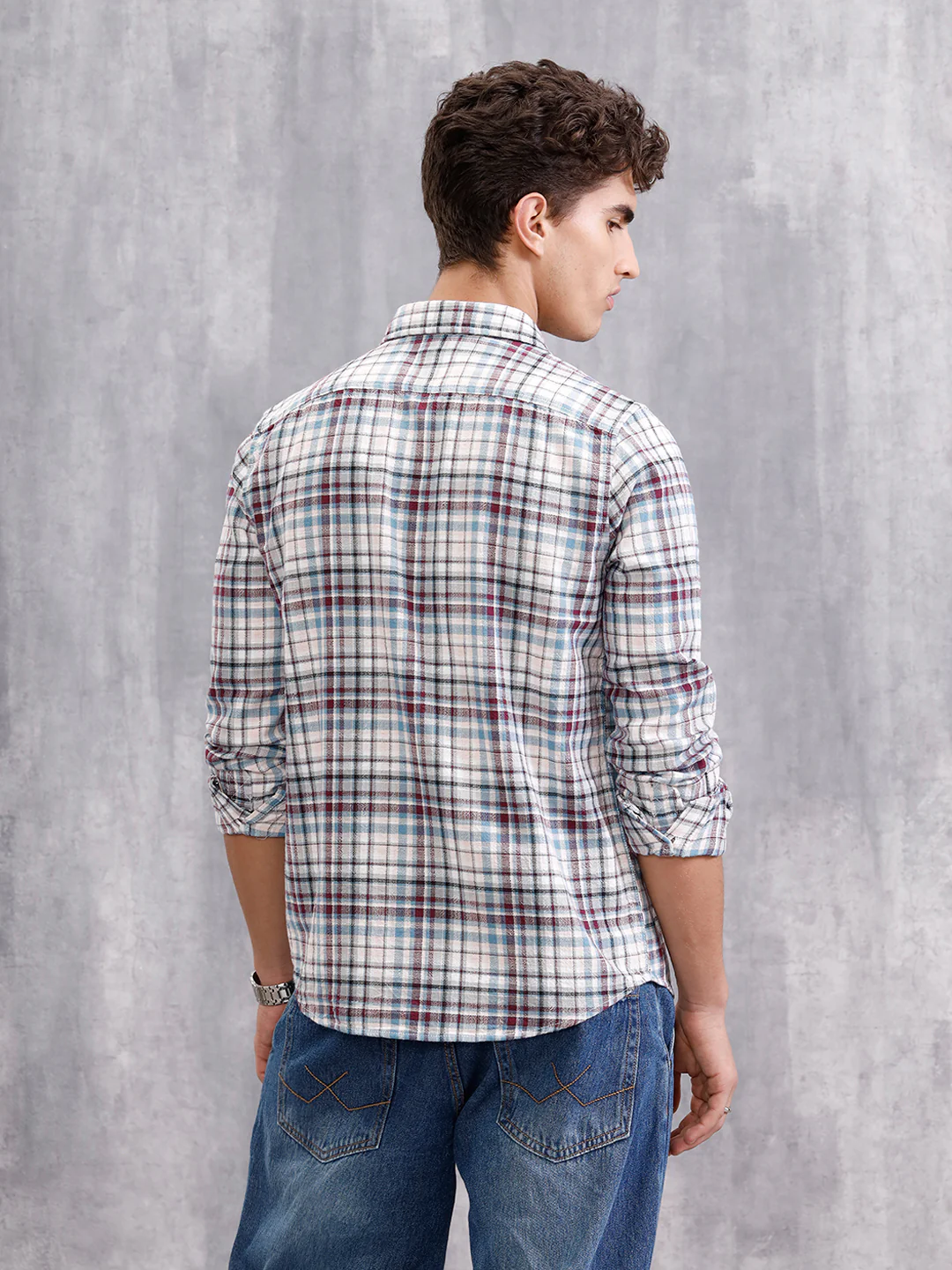 Slim Fit Check Shirt In Special Slub Weave | Wine - Image 3