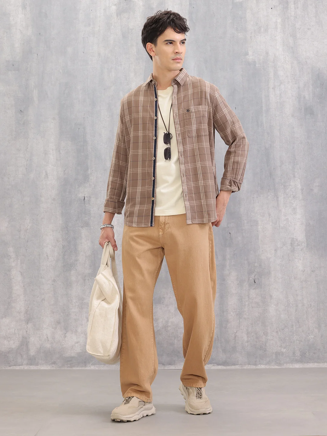 Slim Fit Checks Shirt With Inner Placket Contrast Detailing I Brown - Image 2