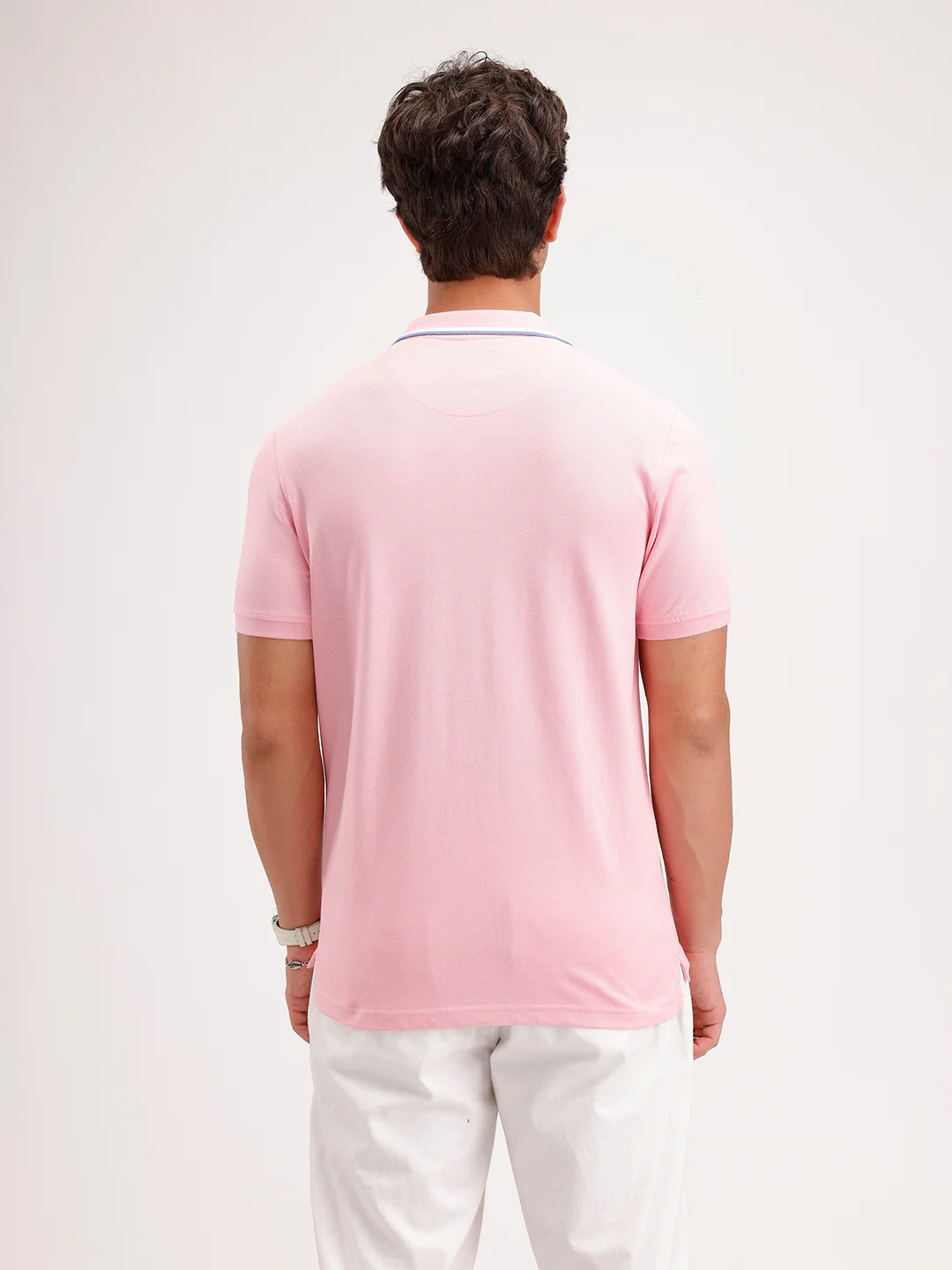 Slim Fit Contrast Collar Polo T-Shirt  | Pink - Image 3