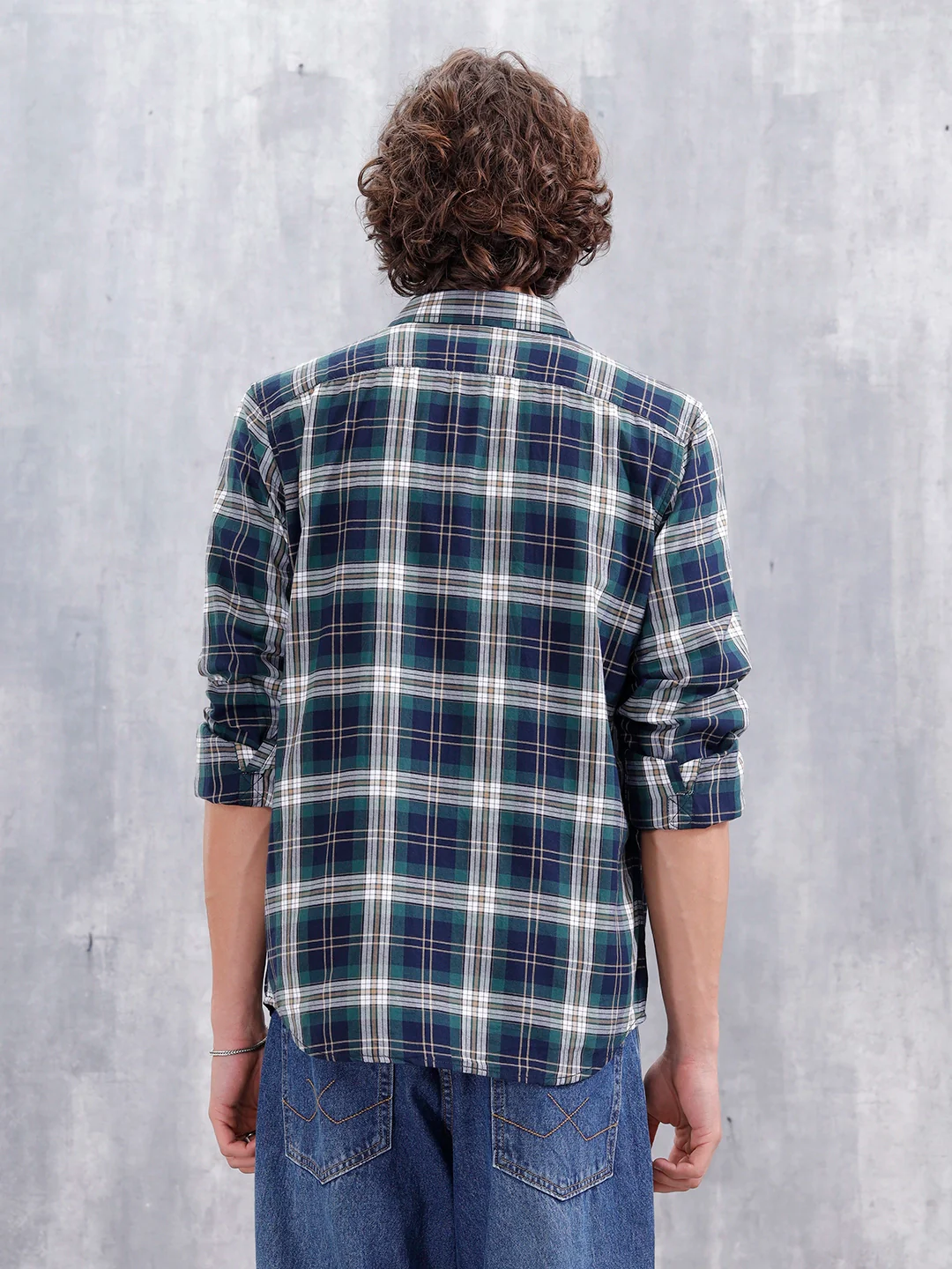 Slim Fit Cotton Indigo Twill Check Shirt | Green - Image 3