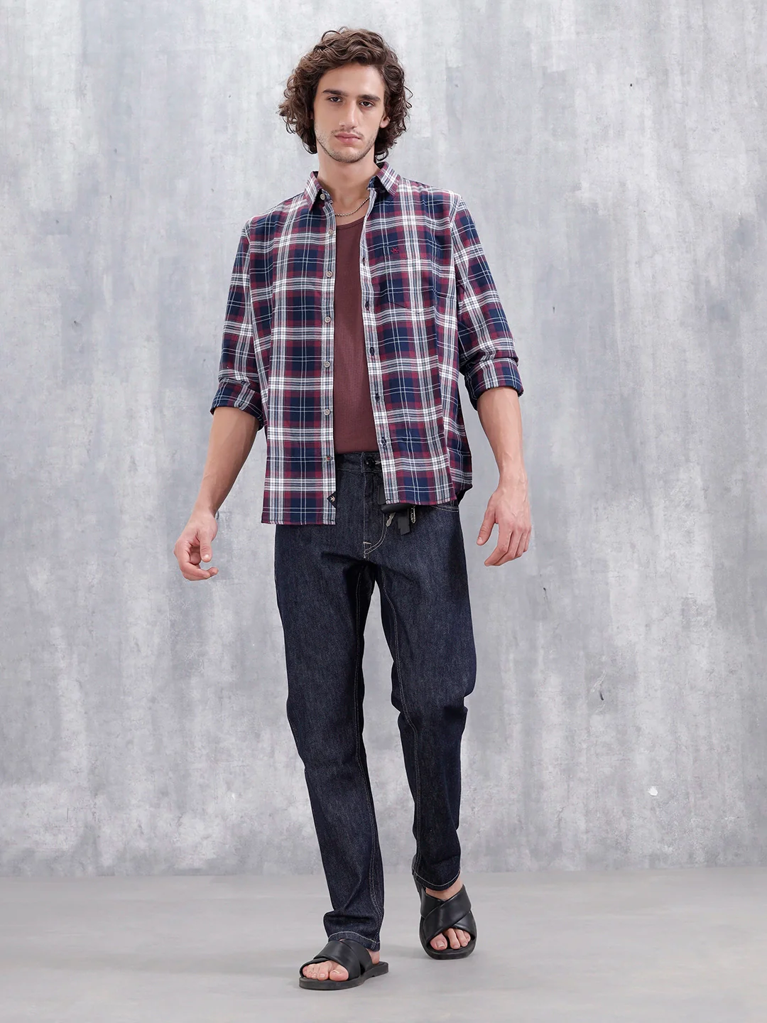 Slim Fit Cotton Indigo Twill Check Shirt | Maroon - Image 2